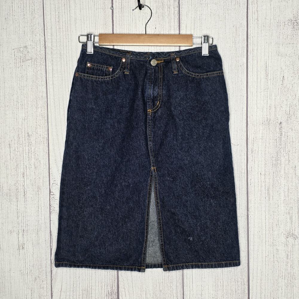 Vintage 90s Y2K Paris Blues Denim Midi Skirt Front Slit Dark Wash, Sz 1 (26")